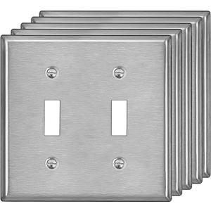 BESTTEN 2 Gang Toggle Switch Stainless Steel Wall Plate with hite or Clear Plastic Film, Standard Metal Light Switch Covers, Durable Corrosion Resistant, Industrial Grade, Brushed Finish, 5 Pack