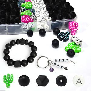 99-Piece Silicone Bead Set - 60 Black Beads in 3 Shapes, Alphabet & 5 Extra Vowels, 8 Cactus Beads in 4 Colors - Ideal for DIY Projects