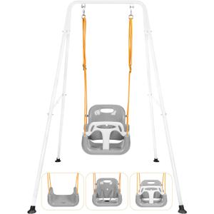 3-in-1 Toddler Swing Set, Indoor & Outdoor Baby Swing Heavy Duty Swing Set with Foldable Metal Stand for Aged 6 Months to 10 Years Old, Easy to Assemble and Store (White)