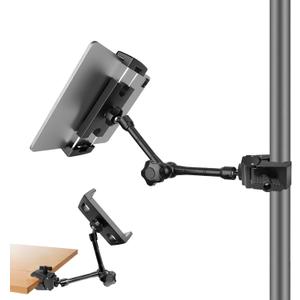 Tablet Holder for Mic Stand, Adjustable iPad Mic Stand Mount, Tablet Holder with Clamp Mount for Pole Desk Kitchen Cabinet, Compatible with 4.7 to 12.9" iPad, iPhone, Android Smartphones (11 Inch Arm)