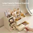 HBlife Makeup Organizer with Brush Holder for Vanity, Large Plastic Bathroom Countertop Organizer Skin Care Storage, Easy to Store Lipsticks, Nail Polishes, Perfumes, Eyeshadow Palettes, All Beige