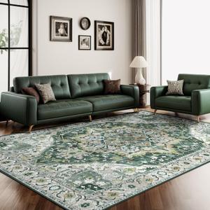 Deerly Green Vintage Area Rug 5x7 Boho Washable Large Living Room Bedroom Rugs Non Slip Low Pile 5x7 Rug for Kitchen Entryway Bedroom Dining Room Office, Green/Multi