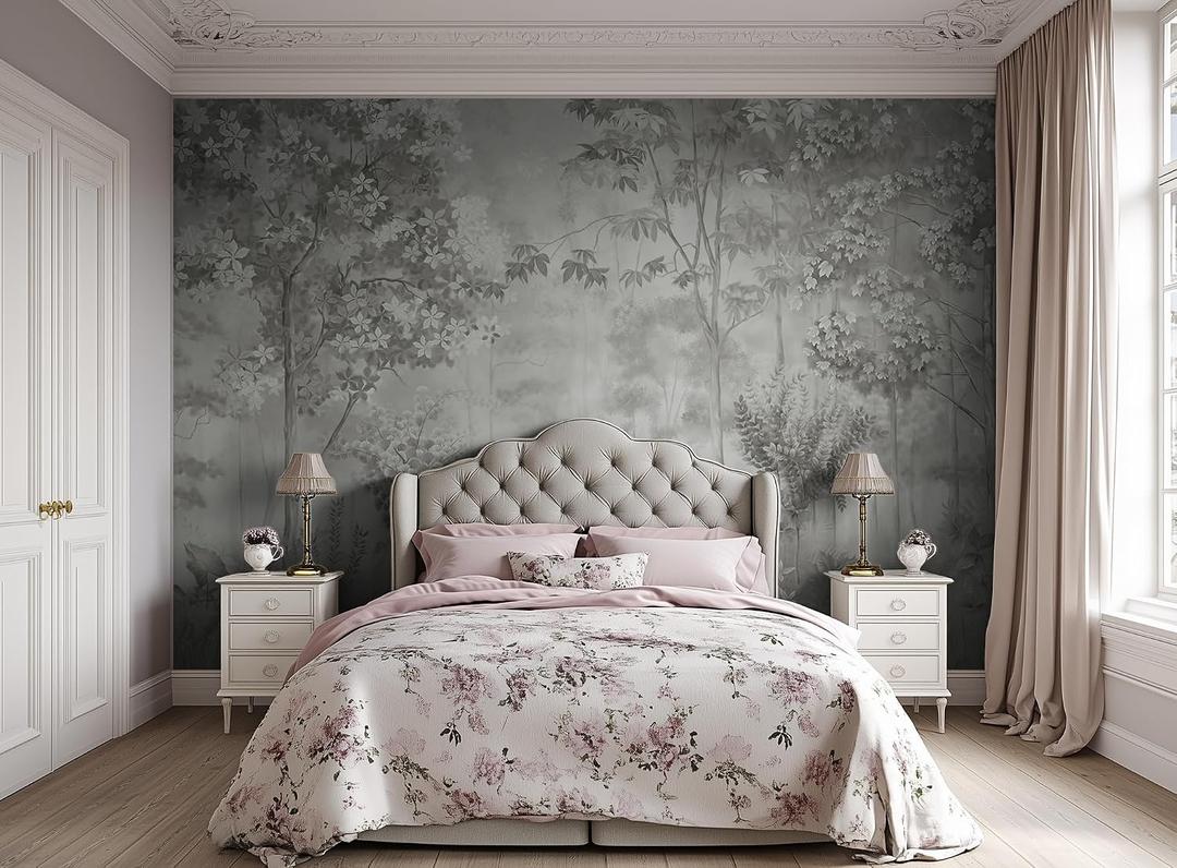 ASJ Forest Peel and Stick Wallpaper Mural, Misty Monochrome Warm Gray | Seamless edge-to-edge match. Sketch tree leaf landscape artwork, 98x62 in, premium fabric, living room bedroom.