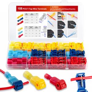 108 Pcs T-Tap Wire Connectors Kit, Quick Splice Self-Stripping Electrical Wire Terminals for Speaker Car Audio, Nylon Fully Insulated Male Quick Disconnects for Automotive Wiring (22-10 AWG)