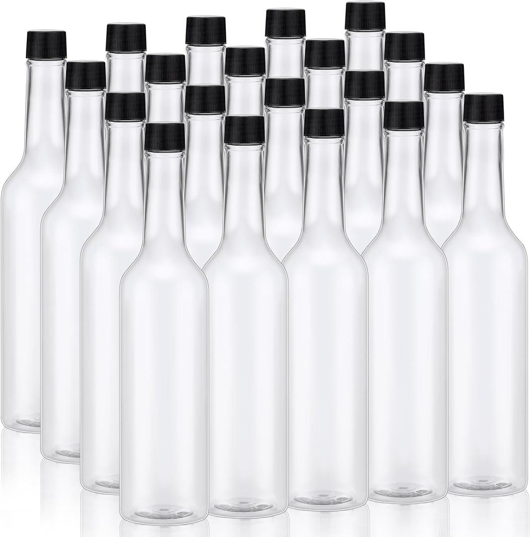Tioncy 20 Pcs 15 oz Plastic Long Neck Bottle Empty Clear Liquor Wine Bottles with Screw on Caps Reusable Coquito Containers for Drinks Condiment DIY Craft Decoration
