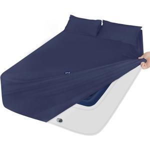 Queen Sheet Set for Air Mattress - Sheets Queen Size Bed Set - 3Pcs Side Storage Pocket Fitted Sheet & Pillowcases Easily Fits 16in to 24in Pillow Top Air Bed Mattress - Navy Blue