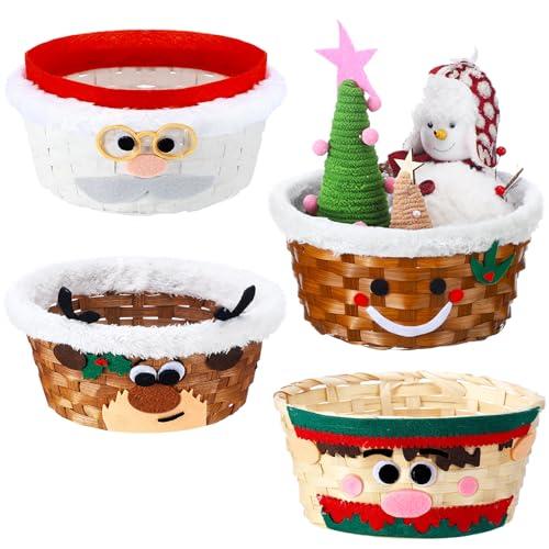 Youyole 4 Pieces Christmas Basket for Gifts Woven Bamboo Xmas Round Gingerbread Basket Small Santa Claus for Christmas Party Supplies Gift Snack Storage (Cute)