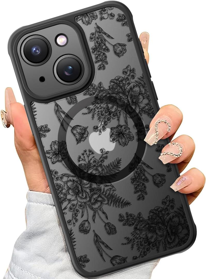 SEXYMOM Magnetic for iPhone 14 Case - Wireless Charging Compatible,Military Drop Tested Cover,Cute Floral Design for Women and Girls,Slim Fit Translucent Matte Phone Case - Flower Garden