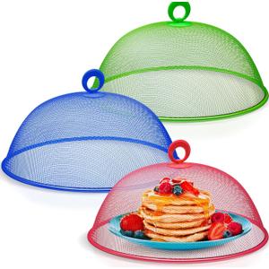 Metal Mesh Screen Food Cover Tent Umbrella, 10.75 inch, Reusable Outdoor Picnic Food Covers Mesh, Food Cover Net Keep Out Flies, Bugs, Mosquitoes (3 Pack, Green Blue Red)
