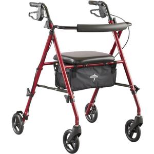 Medline Superlight Folding Aluminum Mobility Rollator Walker, Red, 250 lb. Weight Capacity, 6" Wheels, Adjustable Arms and Seat, Foldable Rolling Walker for Seniors