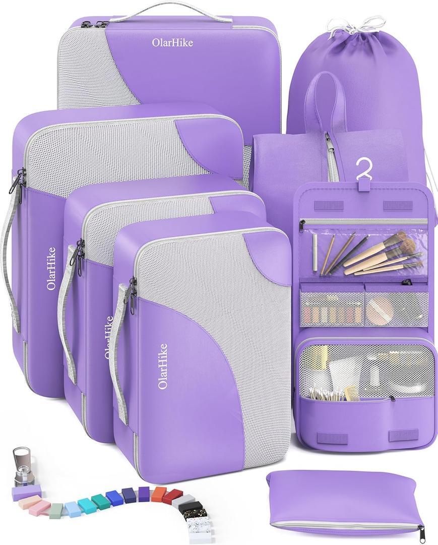 OlarHike 8 Set Packing Cubes for Travel, Sturdy Suitcase Organizer in 4 Sizes (Extra Large, Large, Medium, Small), Luggage Cubes with Toiletry Bag, Essentials Cruise Ship Gifts for Women (Purple) (8 set (Short-Term Trip))