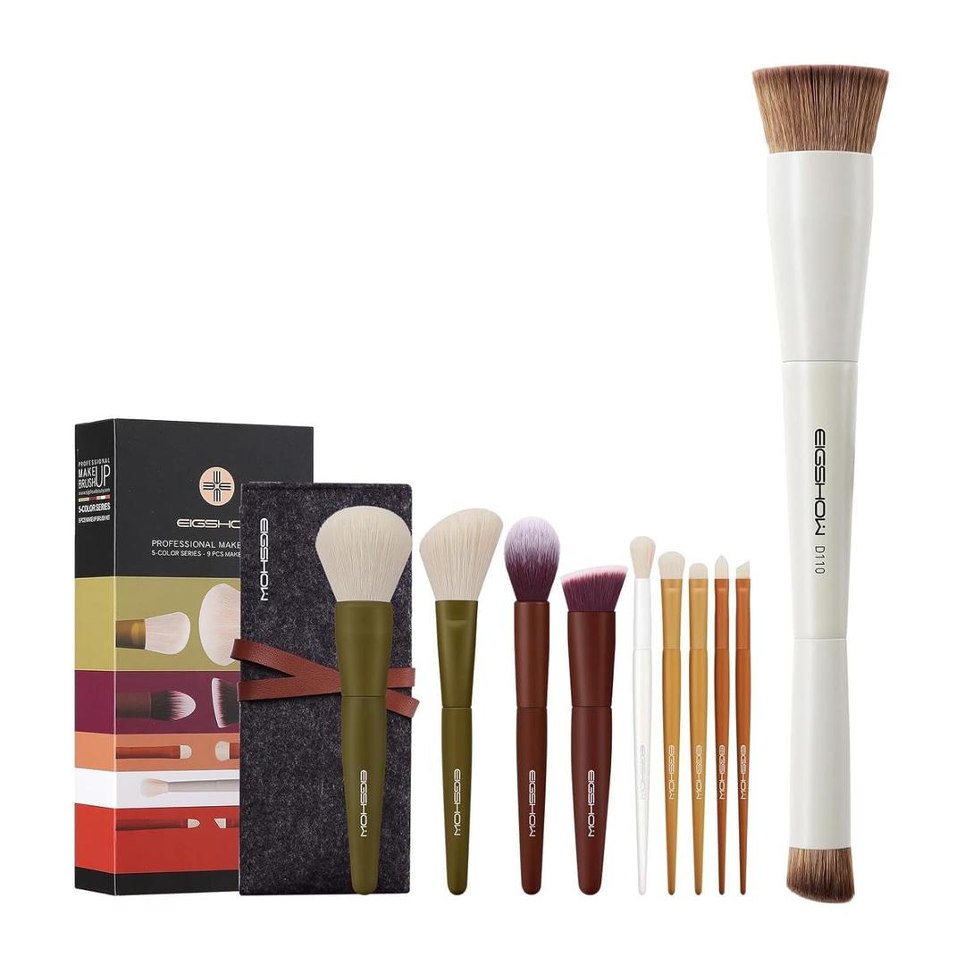 EIGSHOW 9Pcs 5 Color Full Makeup Brush Set and Dual Ended Foundation & Concealer Brush