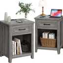 Decofy Farmhouse Nightstand Set of 2 with Charging Station, Grey Oak, 17.7" x 15.7" x 23.6"