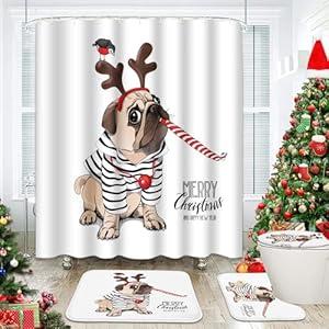 Emvency Christmas Shower Curtain Set with Toilet Lid Cover and Non-Slip Rugs, Cute Pug Dog Bathroom Rug Set 4PC, Xmas Bathroom Decor 72" x 72"