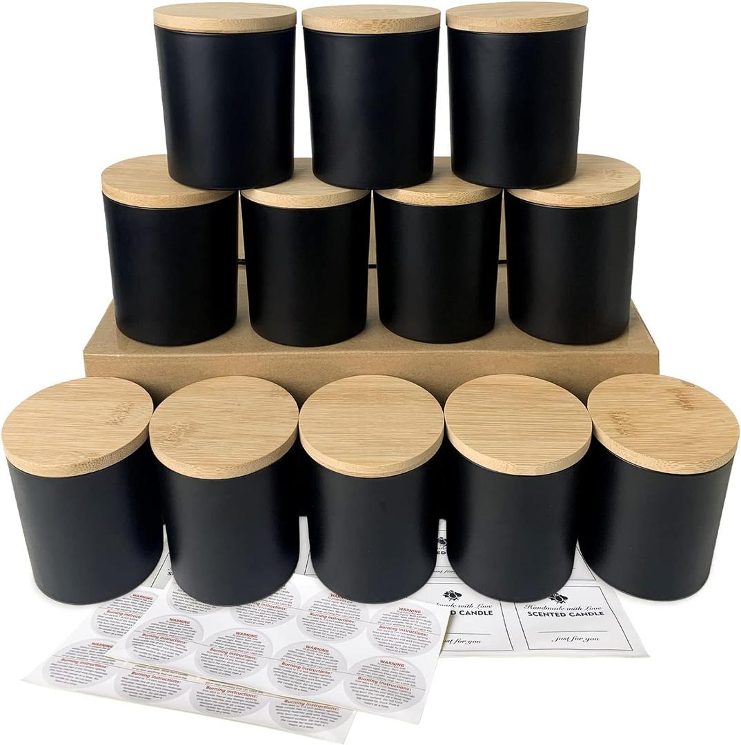 CONNOO 12 Pack 10 OZ Matte Black Glass Candle Jars for Making Candles with Airtight Bamboo Lids Nice Sticky Warning Labels for Candle Making Empty Container Bulk - Dishwasher Safe