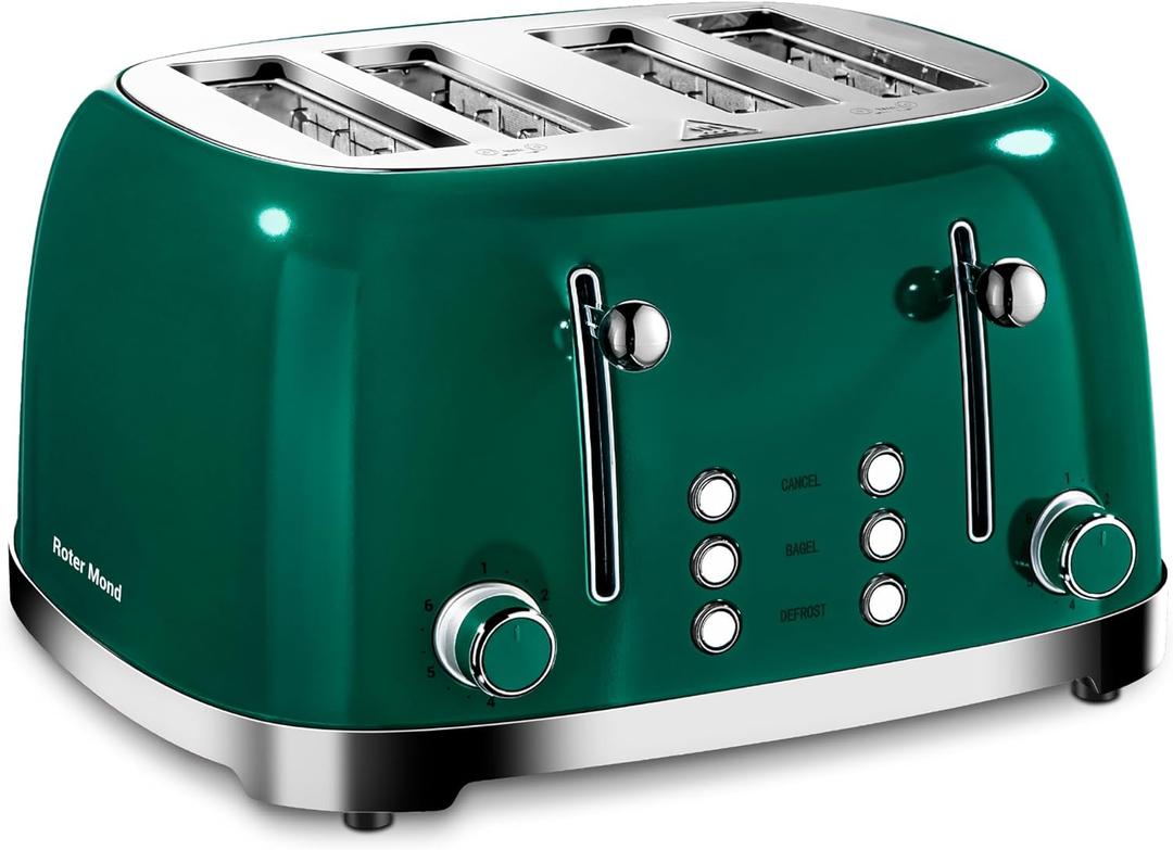 Roter Mond 4 Slice Toaster Retro Stainless Steel with Bagel Defrost Cancel Function, 6 Browning Settings, Extre Wide Slot and Removable Crumb Tray, Green, ST033