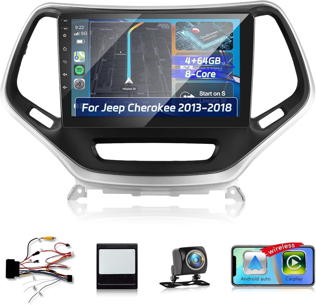 NHOPEEW [8 Core 4+64G] Upgrade Android Radio for Jeep Cherokee 2013-2018: 10.1 inch IPS Touchscreen Carplay Stereo - 3D Car Model, Cooling Fan, 5G/WiFi, DSP, Custom UI Design + AHD Backup Camera