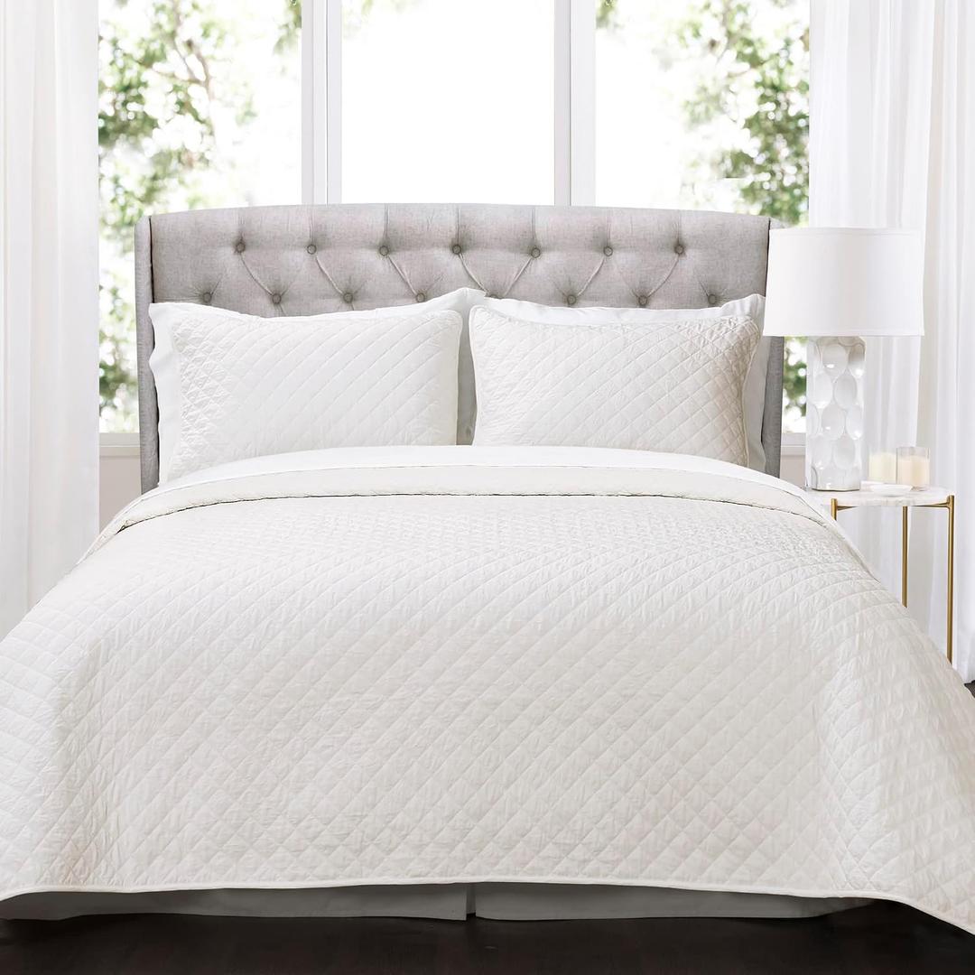 Lush Decor Ava Quilt Diamond Pattern Solid 3 Piece Oversized Bedding Blanket Bedspread Set - Full/Queen - Off-White
