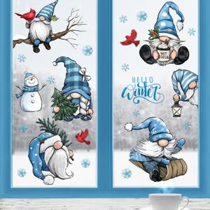 Yovkky Hello Winter Gnome Window Clings 9 Sheets, Snowman Cardinal Red Birds Christmas Tree Stickers Decals Decor, Pine Branch Snowflakes Holiday Home Kitchen Decorations