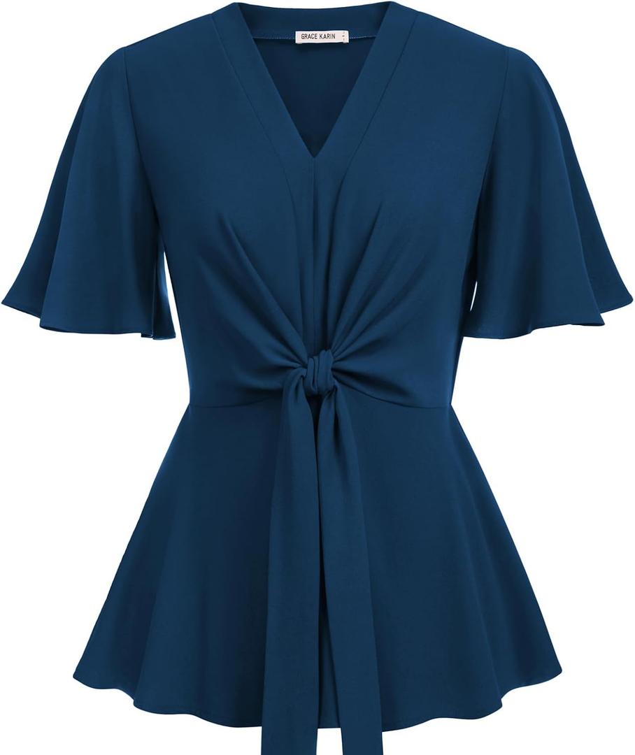 GRACE KARIN 2026 Women's Elegant V Neck Peplum Tops Tie Front Short Bell Sleeve Shirts Tops Blouse (Blue, XXL)