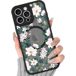 BITOBE Floral Case for iPhone 16 Pro Max [Compatible with MagSafe] Cute Flower Pattern Case for Women Girls Soft TPU Bumper Translucent Magnetic Slim Protective Cover - Flowers & Leaves