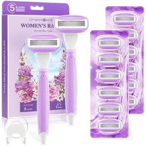 DreamGenius Razors for Women Include 2 Non-Slip Handles and 14 Blade Refills with a Shower Holder, 5 Premium Blades Women's Razors for Shaving with 360° Lubrication Reduces Irritation, Purple