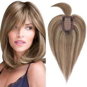 Rich Choices 100% Real Human Hair Topper with Bangs - Real Remy Hair Topper for Women Thinning on Top, 5.1x2.7 Inch Clip In Silk Base Hair Piece 6 Inch #4P27 Medium Brown Highlight Dark Blonde