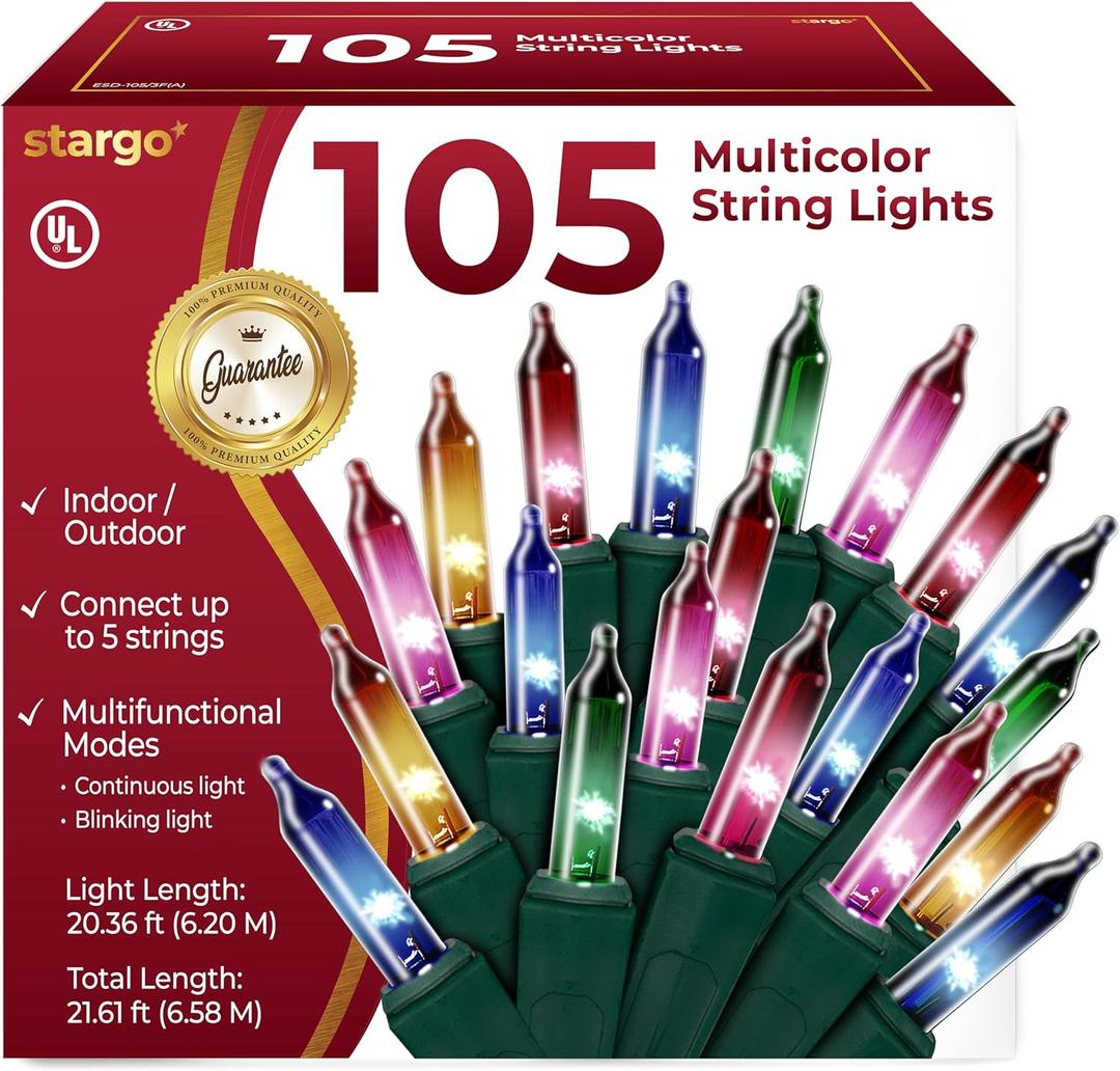 Warm Multi Color Christmas Lights - 20 ft String of 105 Incandescent Mini Bulbs Multifunctional Lighting Modes, for Decorative, Bedroom, Outdoor, Xmas Twinkle Tree Lights with Green Wire Total 21.6 ft