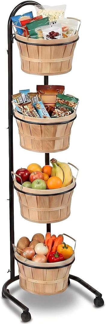 FoldTier 4 Tier Retail Display Stand with Wheels, Round Wooden Baskets with Handles, Handcrafted Vintage Style Storage Rack for Farmers Market Display, Bread, Snacks, Wood Fruit Baskets Stand(57.5"h)