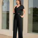 Dressystar Women's Summer 2 Piece Outfits Casual V Neck Crop Tops Wide Leg Pants Set Cap Sleeve Tracksuit Lounge Travel Sets (Black, S)