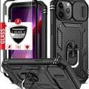 Compatible with iPhone 13 Pro Case with 2 Tempered Glass Screen Protectors,Built-in 360Kickstand Ring with Camera Cover Shockproof Military Grade Drop Heavy Duty Protection Phone Bumper Black