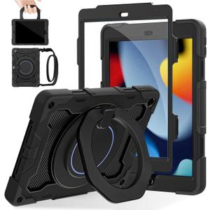 ROISKIN Kids Case for iPad 9th 8th 7th Generation 10.2 inch (2021 2020 2019)15ft Drop Protection 360 Rotating Kickstand Shoulder Strap Hand Grip Pencil Holder Kids Case for iPad 10.2 inch (Black)