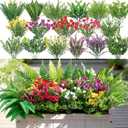 Alupssuc 48 Pcs Artificial Plants Flowers for Outdoors, Realistic Faux UV Resistant Greenery & Silk Flowers,Fake Plastic Shrubs Stems No Fade for Indoor Outside Garden Patio Spring Planter Home Decor