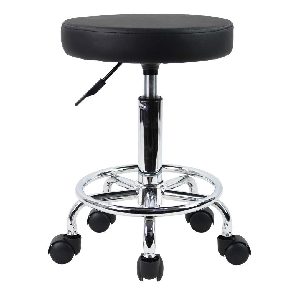 KKTONER PU Leather Round Rolling Stool with Foot Rest Swivel Height Adjustment Spa Drafting Salon Tattoo Work Office Massage Stools Task Chair Small (Black)