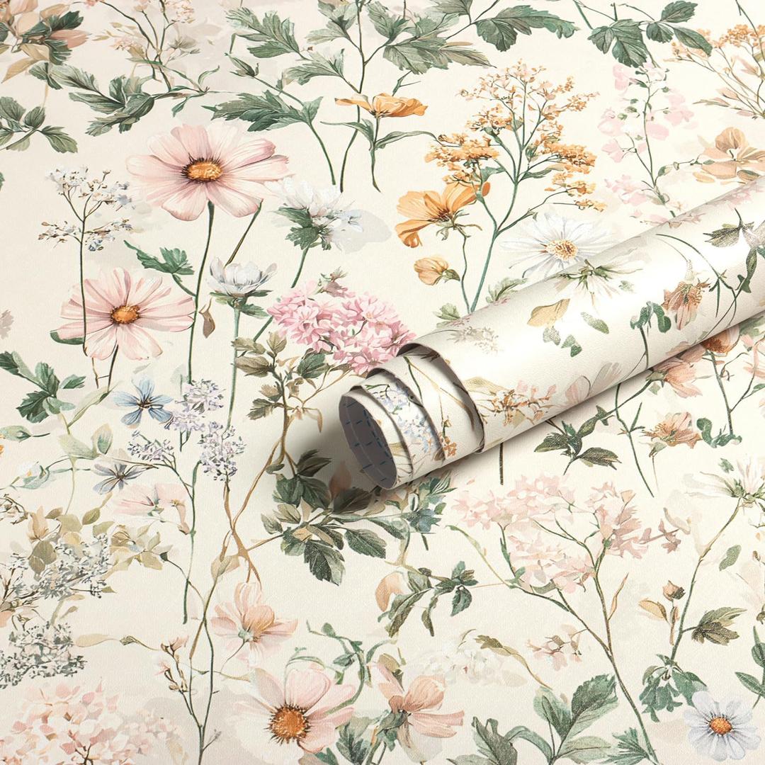 EchoSphere 16.9"x197" Vintage Floral Peel and Stick Wallpaper Beige Floral and Leaf Contact Paper Boho Neutral Self Adhesive Wall Paper DIY Removable for Bedroom Cabinets Wall Decorative Wallpaper
