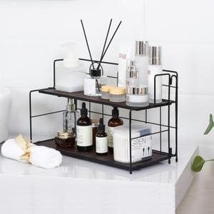 Bathroom Counter Organizer 10s Tool-Free Install, 2 Tier Bathroom Organizers and Storage, Collapsible Bathroom Organizer Countertop, Wood Bathroom Kitchen Countertop Organizer, Black
