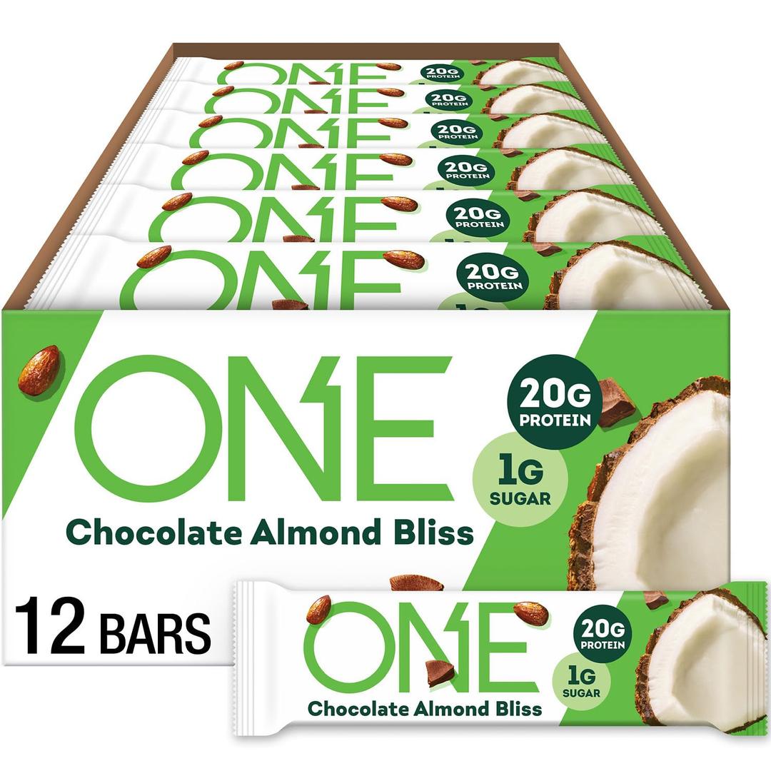 ONE Protein Bars, Chocolate Almond Bliss, Gluten Free with 20g Protein and 1g Sugar, Pantry Staples, 2.12 oz (12 Pack), Packaging May Vary
