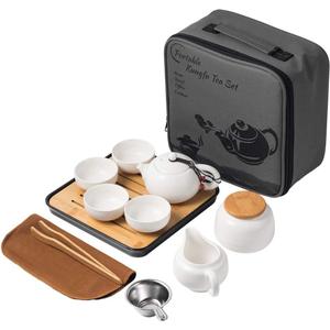 Chinese Tea Pot Cup Set with Tray Infuser - Travel Ceramic Tea set Porcelain Teapot, Portable All in One Bag for Outdoor Picnic Business Hotel (White)