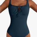 Aleumdr Womens Textured One Piece Swimsuit Tummy Control Bathing Suit with Bow Tie Knot Cutout Ruching Swimwear