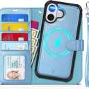 TUCCH Removable Case Wallet for iPhone 17 (6.3") 2025, Detachable Wrist Strap, Wireless Charging, Stand, 4 Card Holders RFID Blocking, 2-in-1 Magnetic, PU Leather Shockproof Cover, Pearly Light Blue