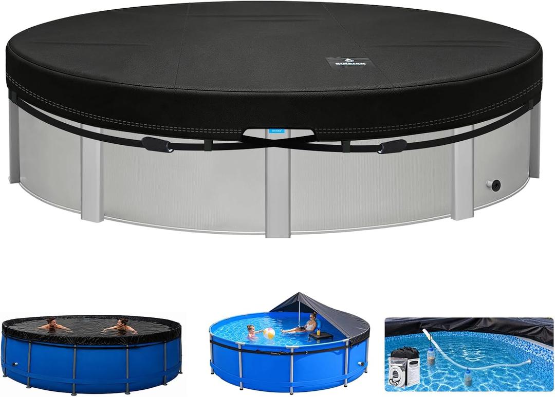 SIHAIAN Dual-Rope 31-34Ft Round Pool Cover, Built-in Automatic Drainage Device for Above Ground Pools, Half Open Design and Foldable Pool Cover, Easy One Person Install & Remove Winter Pool Cover