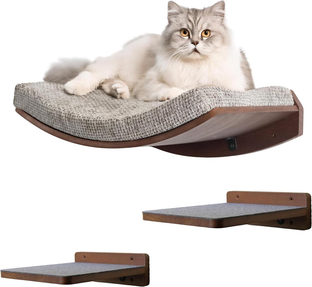 Premium Cat Shelves Shelf in Walnut Brown with Replaceable Carpet with 2 Pine Wood Steps (3pcs). Sturdy Perches for Wall. Cat Hammock Bed Furniture for Cats