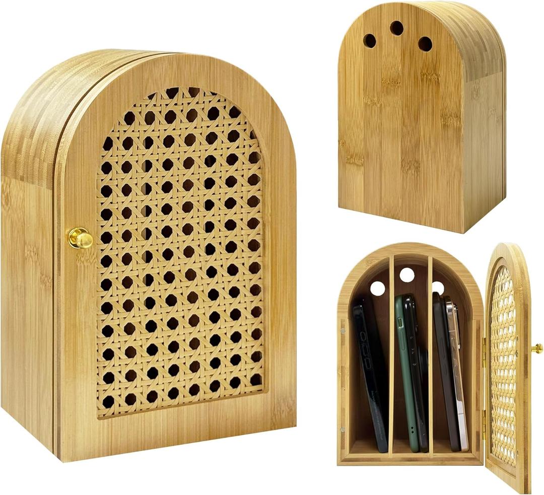 Bamboo Phone Box,Premium Cell Phone Box for Family Time, Cell Phone Jail with Charging Holes,Phone Lock Box Holds 6 Phones,Oak