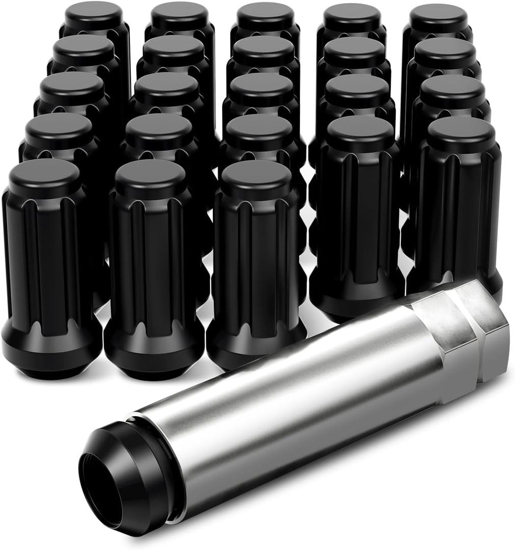 Orion Motor Tech M14x1.5 Lug Nuts Black with Spline Tuner, XL 2 inches Length Conical Wheel Nut, Compatible with Chevy GMC Ford Cadillac Lincoln SAAB Saturn Silverado 1500 Savana, Set of 24