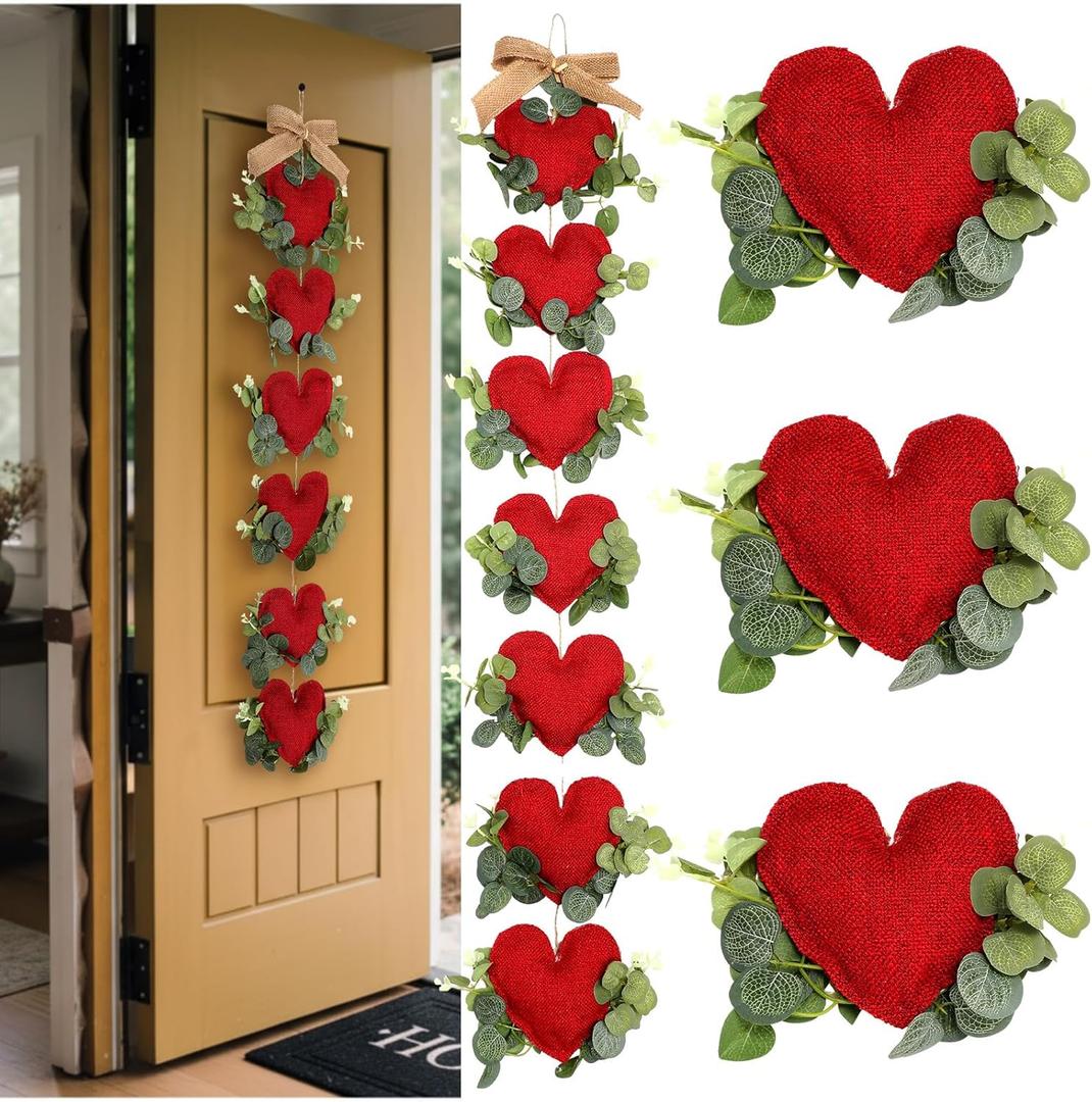 3.3 ft Valentine's Day Red Heart Garland Farmhouse Large Heart Love Door Decoration Country Rustic Wall Hanging with Eucalyptus Leaves for Valentines Wedding Anniversary Engagement Decor