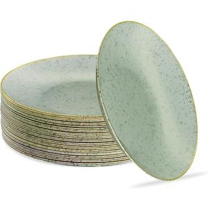 PLASTICPRO 30 Pack Disposable Plastic Plates Heavyweight Granite Look Elegant 7 inch Dinner Plates Green with Gold Rim