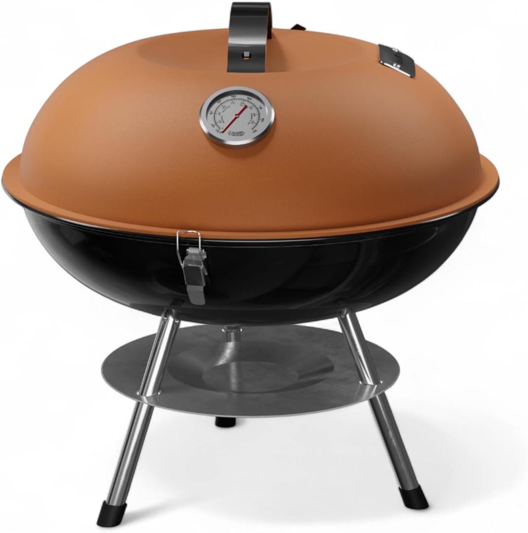 GasOne  14-inch Portable Barbecue Grill with Thermometer - 3-Point Locking Lid for Heat Preservation  Dual Venting System  Small Charcoal Grill for Backyard, Camping, Boat