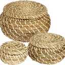 Dicunoy Set of 3 Small Wicker Basket with Lid, Round Woven Seagrass Baskets, Little Handmade Rattan Storage Basket Box for Shelf, Home, Bathroom Decor