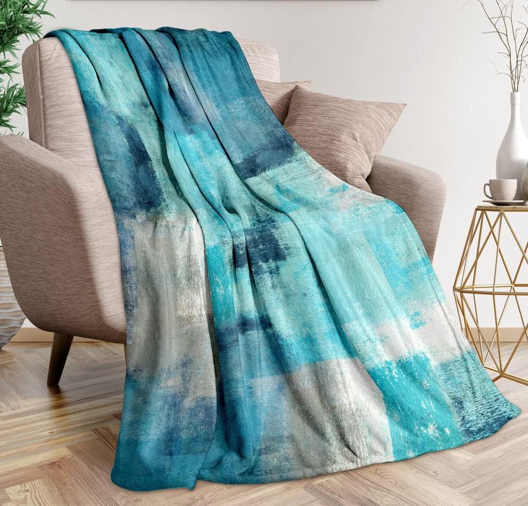 Teal Grey Throw Blanket Turquoise Abstract Art Ultra-Soft Cozy Fleece Blankets Lightweight Modern Flannel Blanket for Couch Sofa Bedding Home Decor (Turquoise Gray, 60" L x 50" W)