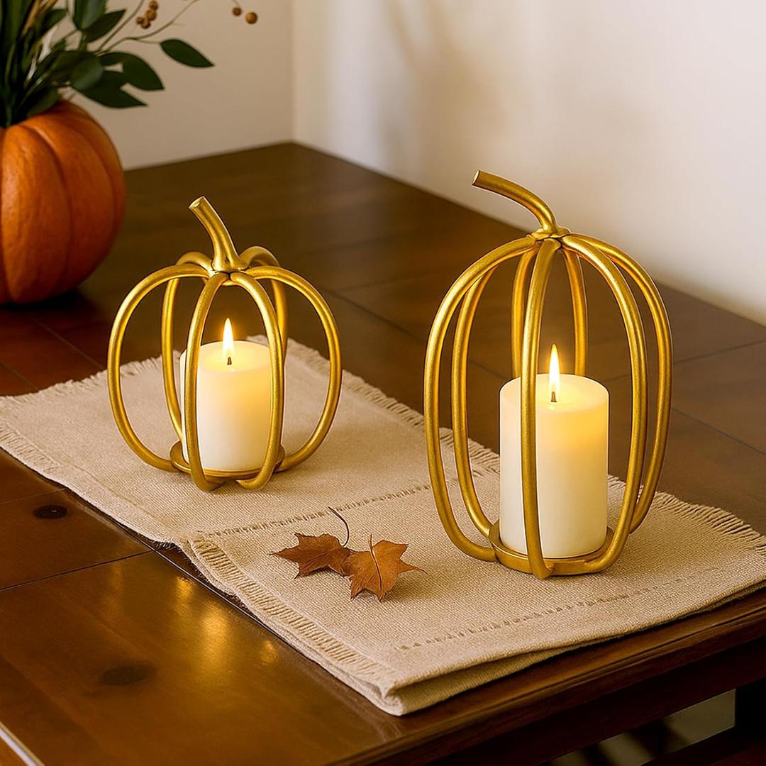 2 Pcs Thanksgiving Gold Metal Pumpkin Candle Holder 6inch 8inch Fall Iron Pumpkin Votive Candle Holder for Holiday Autumn Halloween Home Room Vintage Decoration